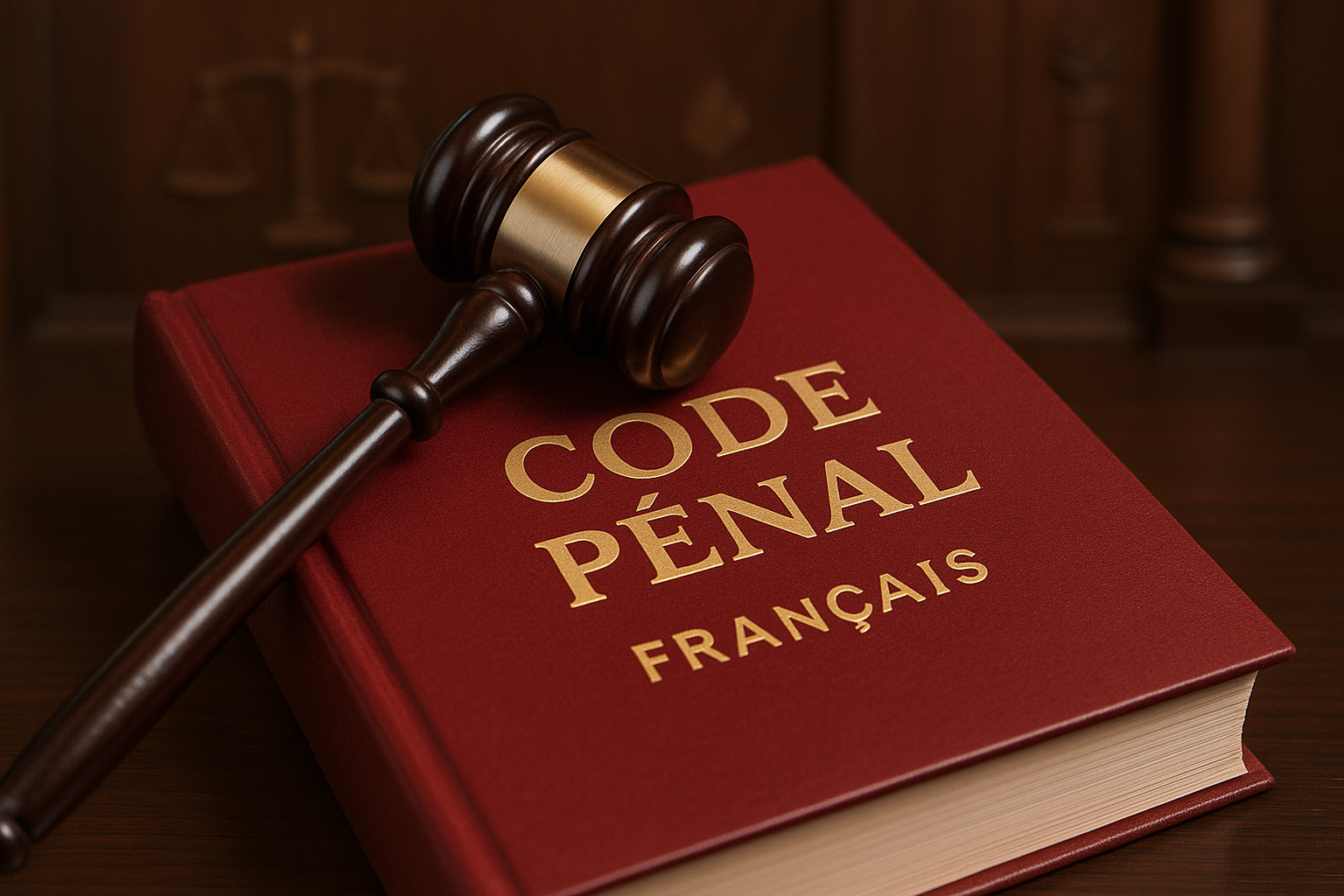 Image du Code pénal français avec un marteau de juge posé dessus